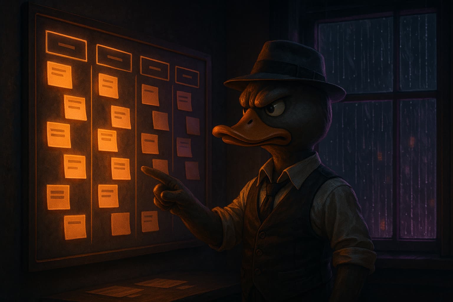 Quack Kanban board with duck agents assigned to tasks in Trello-style columns