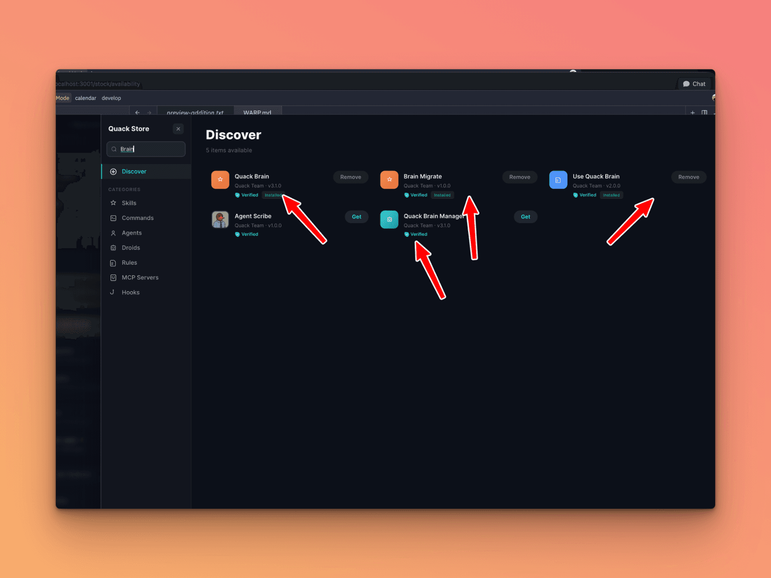 Quack Store Discover page — searching "Brain" shows all available Brain plugins with Verified and Installed badges