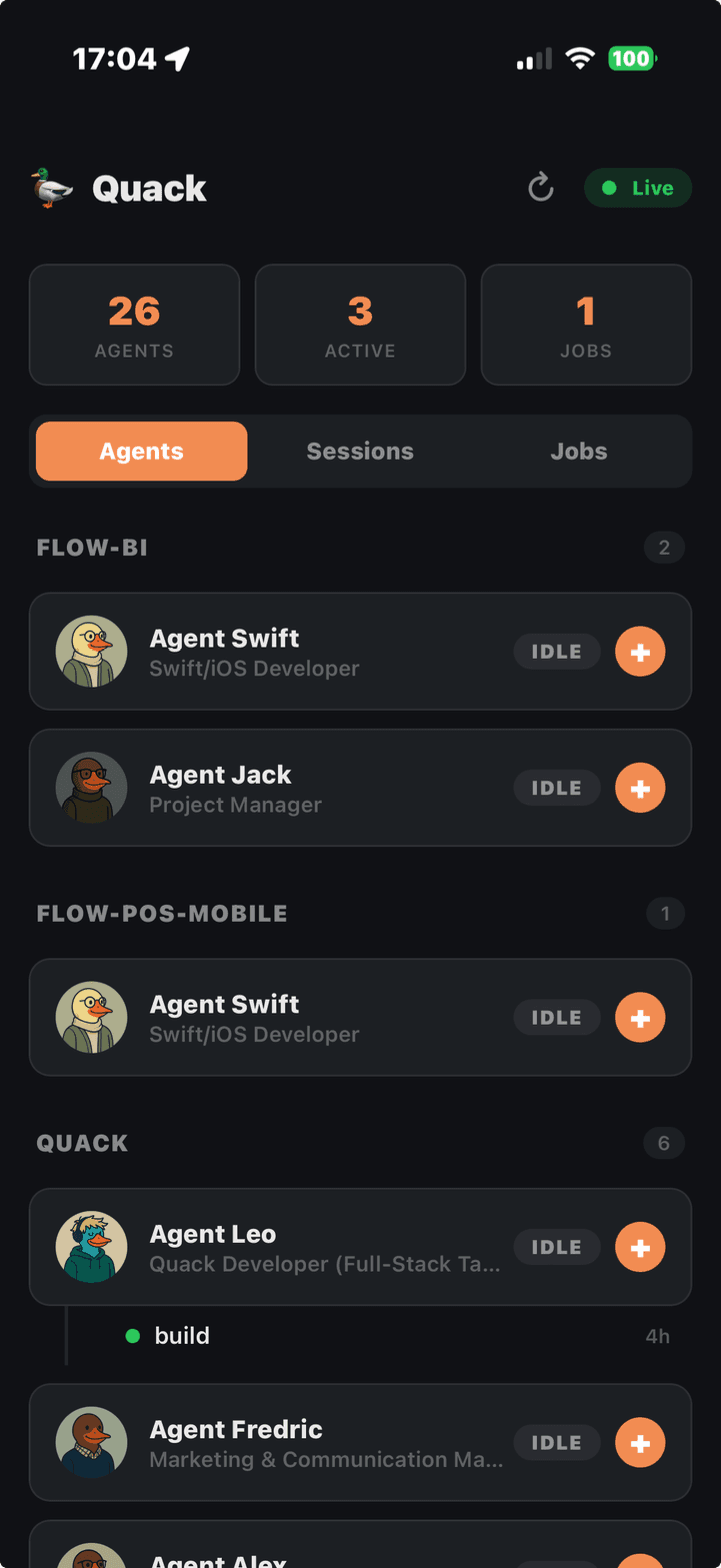 Quack Remote mobile dashboard on iPhone showing agent status and task progress