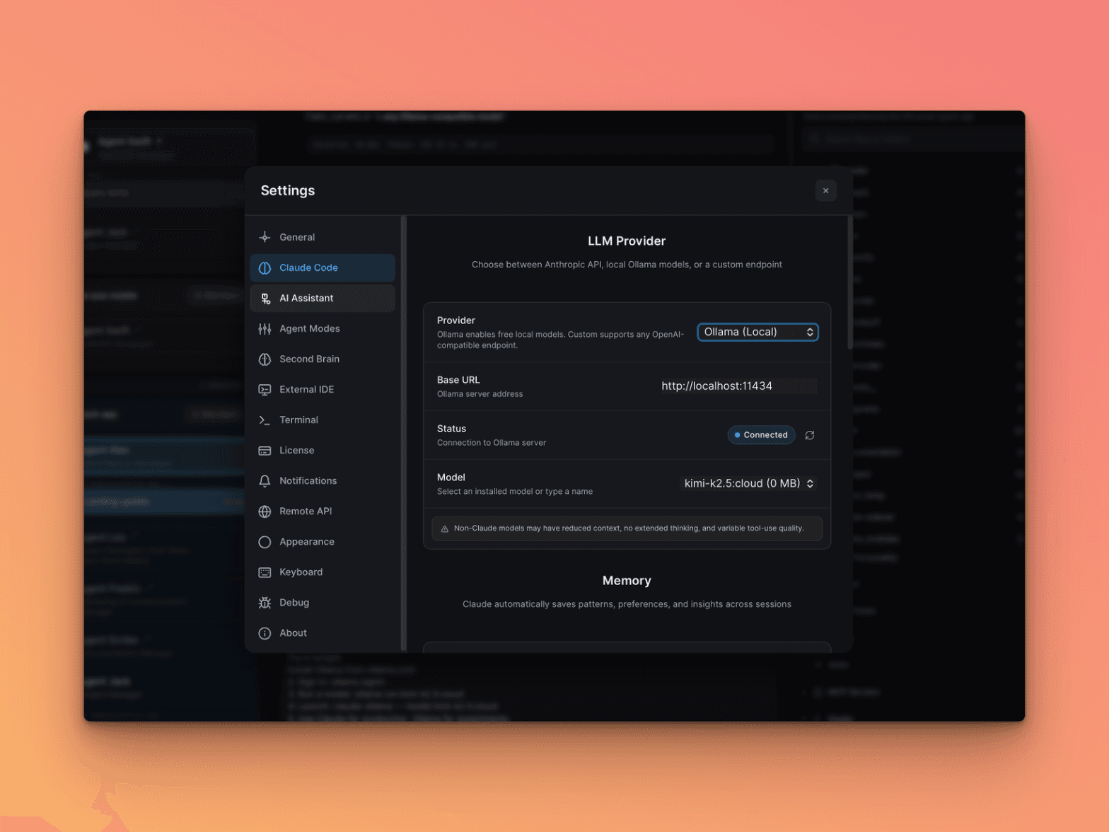 Quack Settings — LLM Provider set to Ollama with kimi-k2.5:cloud selected