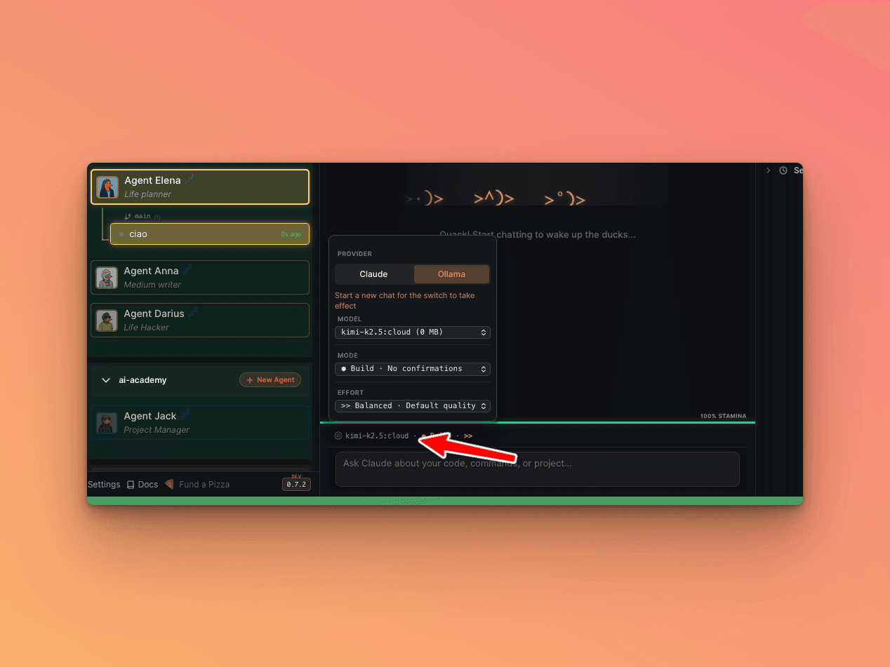 Quack chat with Ollama provider — kimi-k2.5:cloud shown in status bar