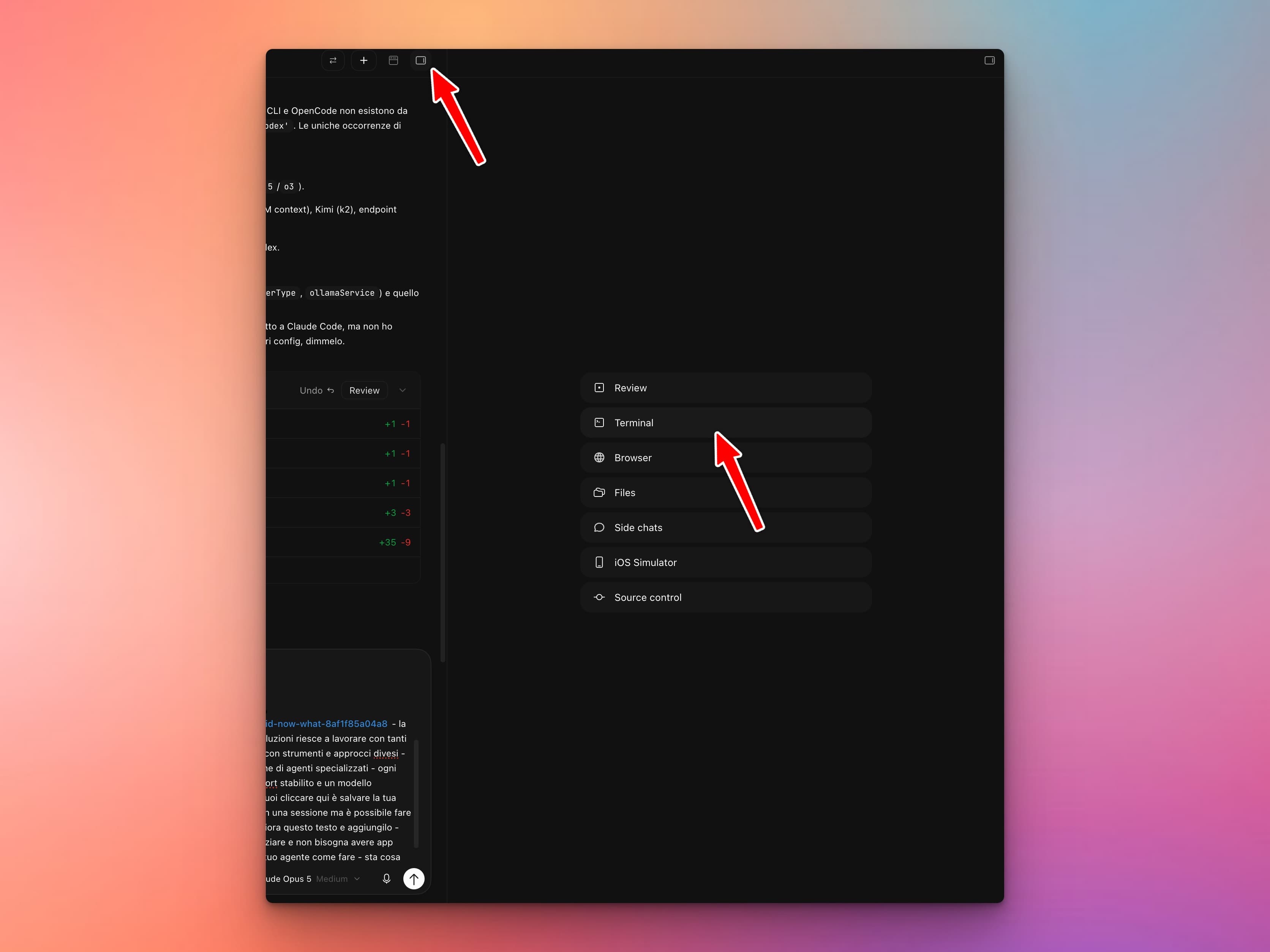 Opening the Terminal panel from the chat panel switcher