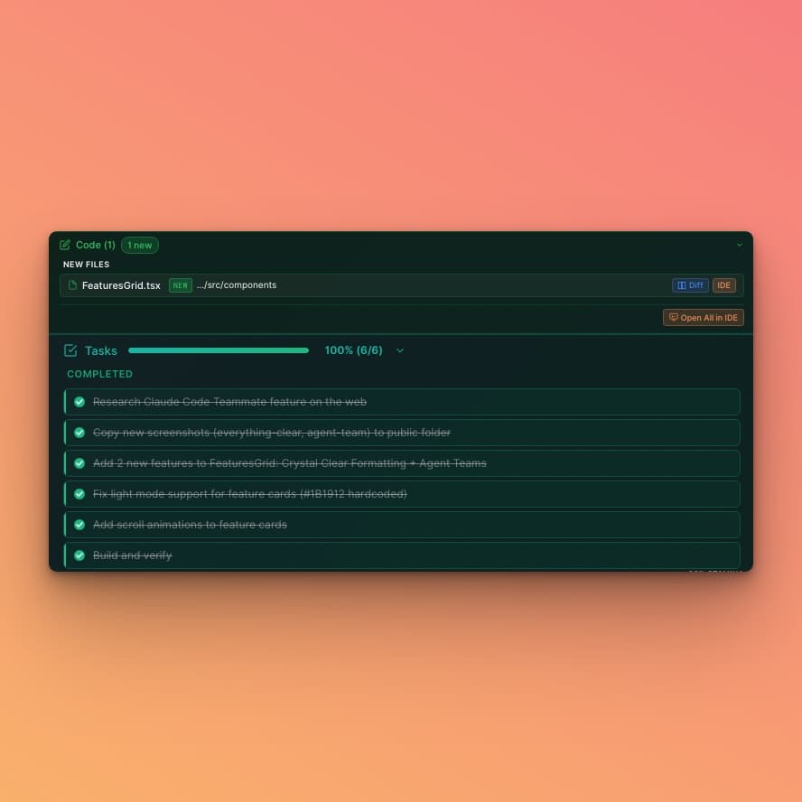 Quack task tracking showing progress bars, completed tasks, and code file changes